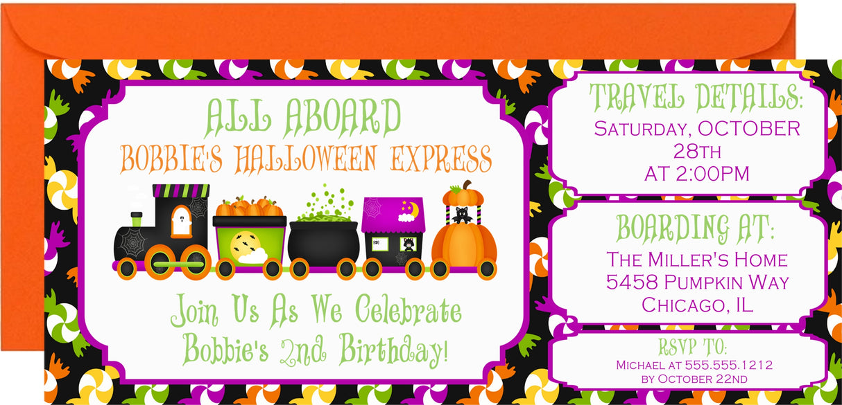 Halloween train birthday invitation featuring a Halloween locomotive with pumpkin and ghost artwork
