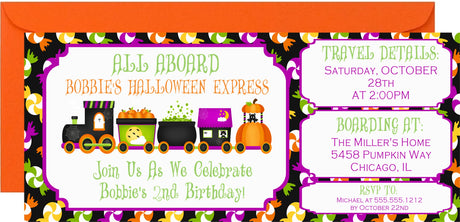Halloween train birthday invitation featuring a Halloween locomotive with pumpkin and ghost artwork