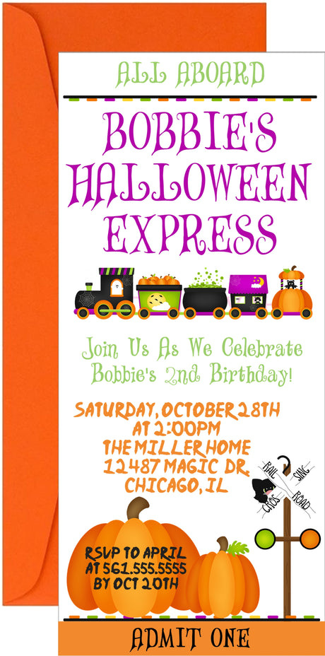 Halloween train birthday invitation with bats and festive Halloween graphics