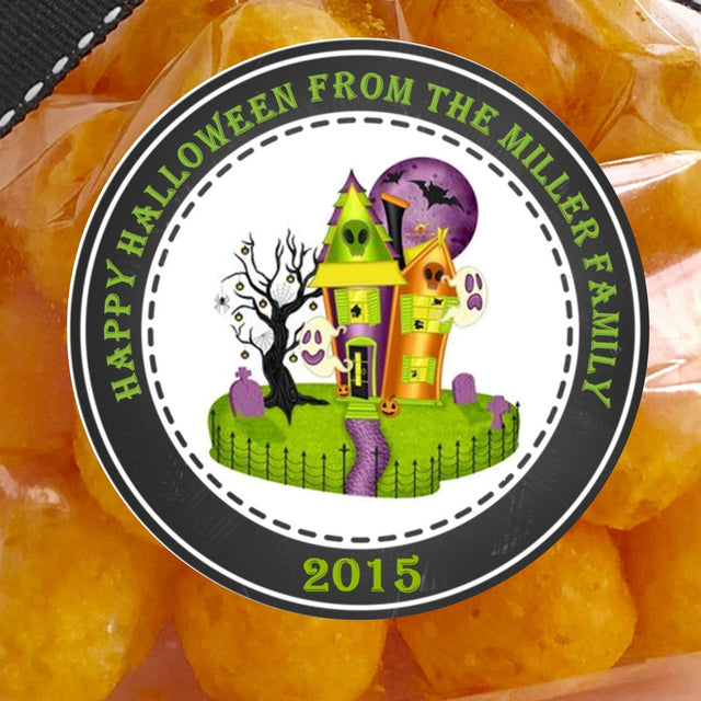 Haunted house Halloween sticker with spooky illustrated house and festive border