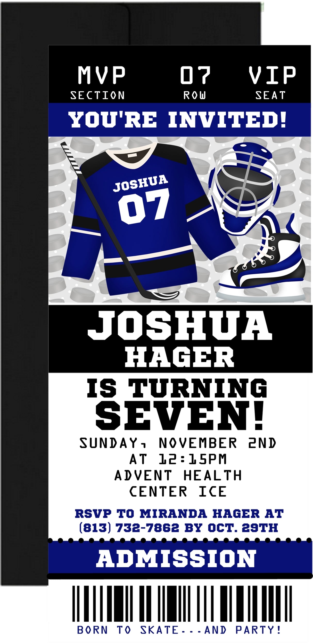 Hockey birthday ticket invitation with hockey stick graphics and admission pass layout