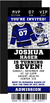 Hockey birthday ticket invitation with hockey stick graphics and admission pass layout