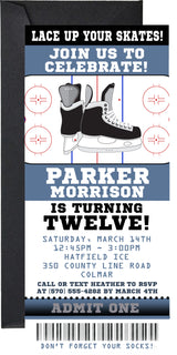 Hockey ticket invitation featuring ice hockey skates and hockey rink markings