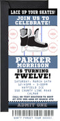 Hockey ticket invitation featuring ice hockey skates and hockey rink markings