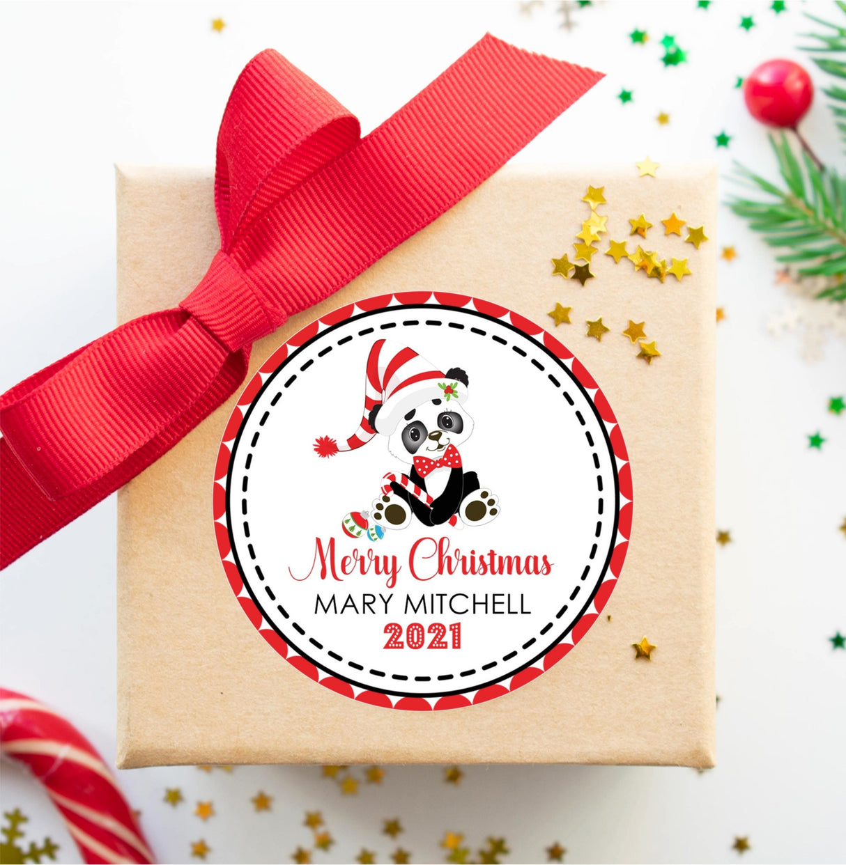 Holiday panda Christmas favor label design