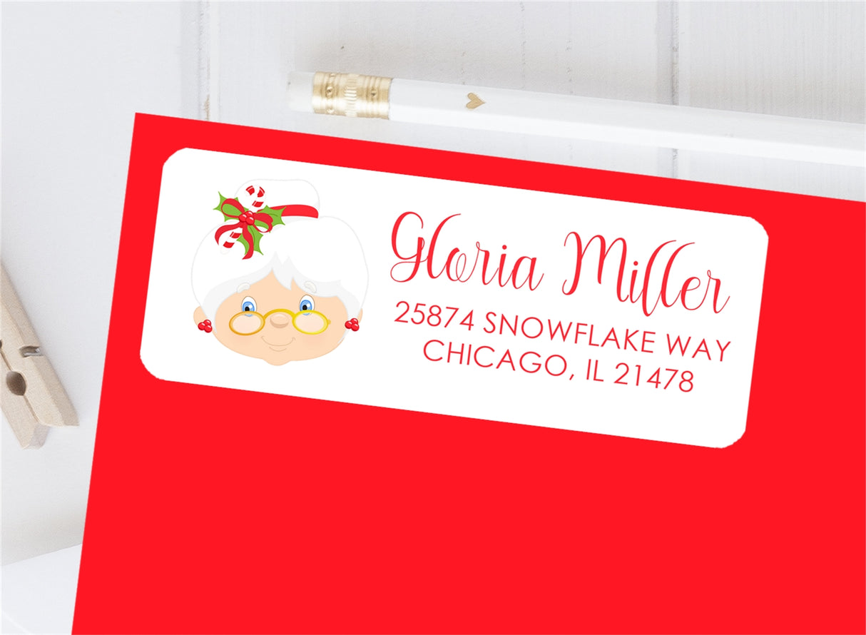 Holiday return address stickers with Mrs Claus illustration