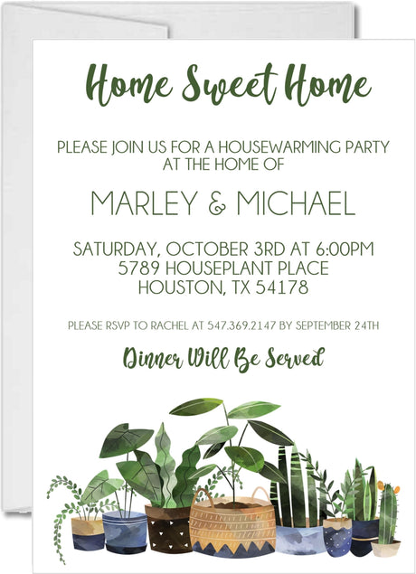 Home Sweet Home housewarming invitation with illustrated potted plants