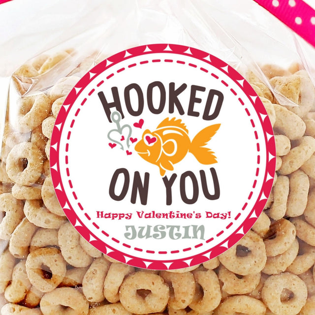 Hooked On You Valentine sticker with orange fish
