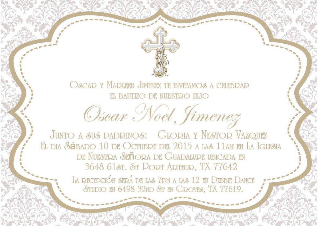 Horizontal gold baptism invitation available in English or Spanish
