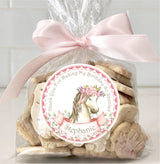 Horse-themed birthday favor label in pink and cream