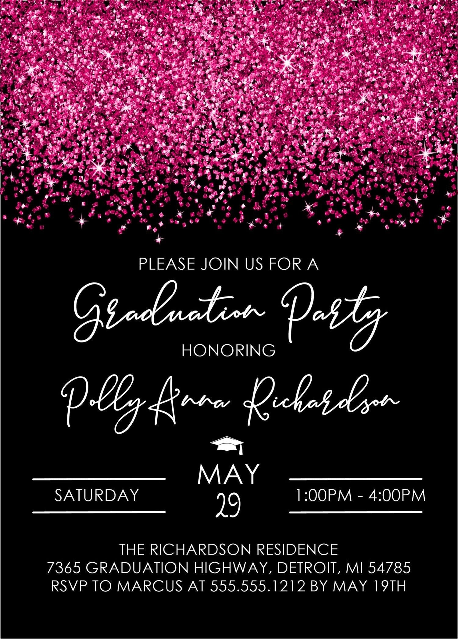 Hot Pink And Black Graduation Party Invitations