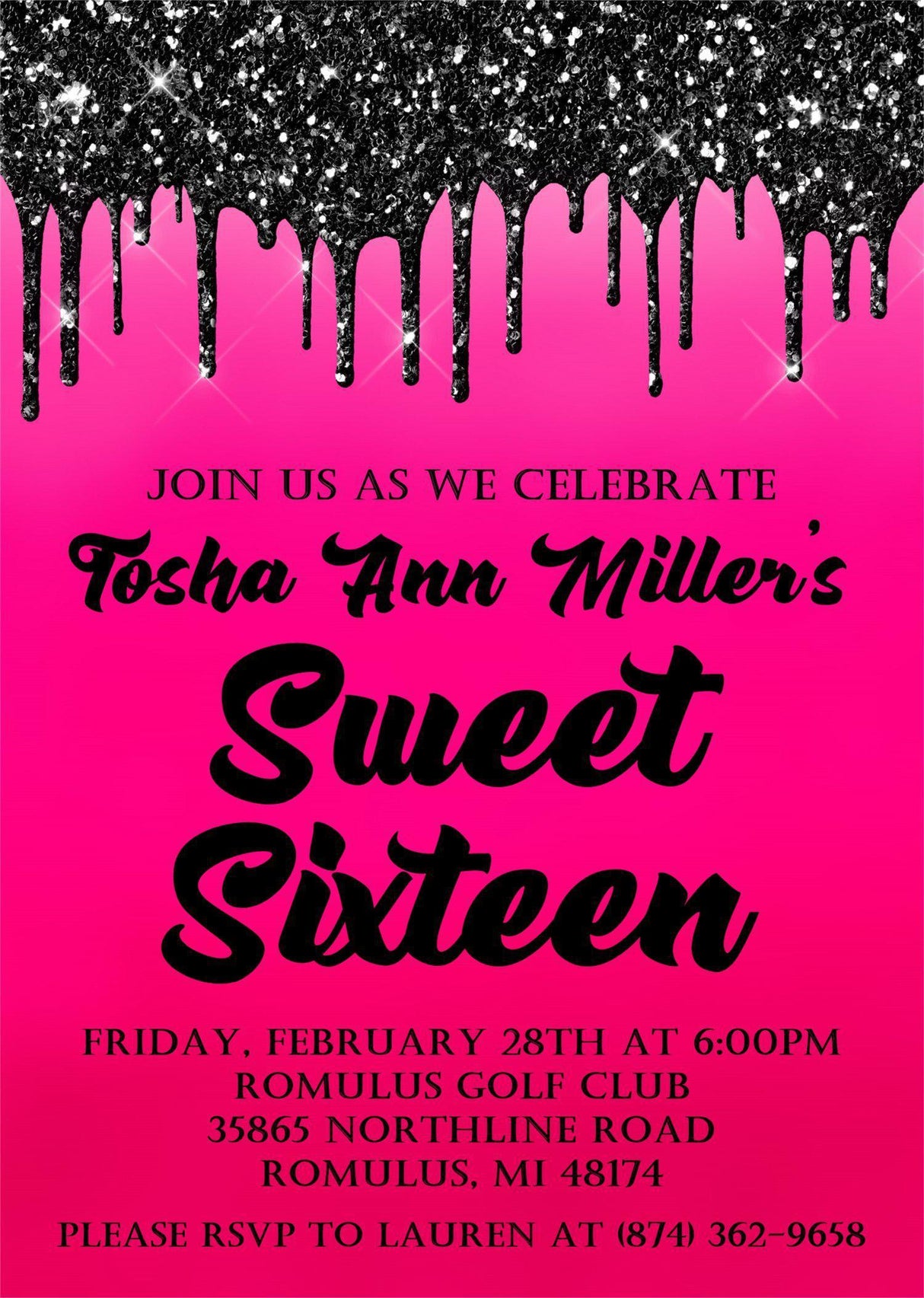 Hot Pink And Black Sweet 16 Party Invitations