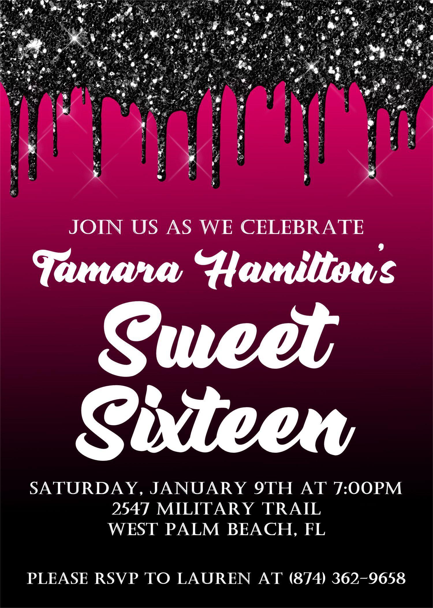 Hot Pink And Black Sweet 16 Party Invitations