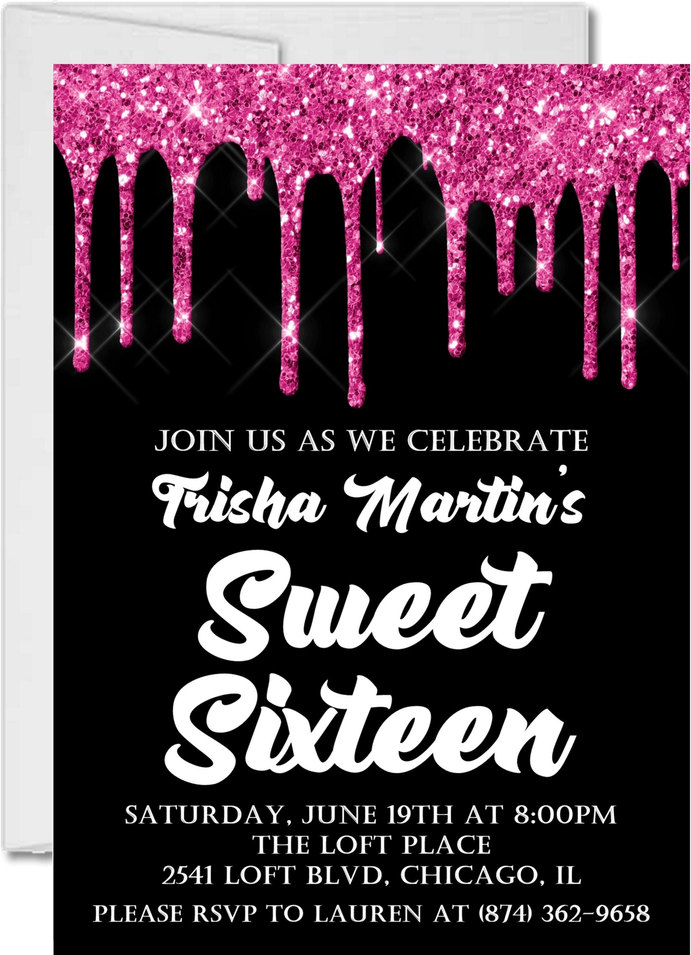 Hot Pink And Black Sweet 16 Party Invitations