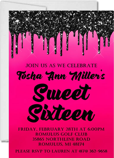 Hot Pink And Black Sweet 16 Party Invitations