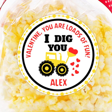 I Dig You construction Valentine sticker with yellow truck