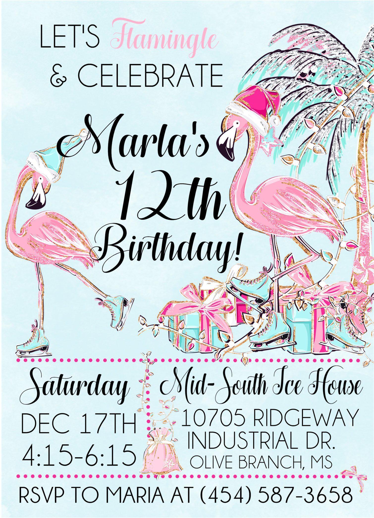 Ice Skating Flamingo Birthday Party Invitations