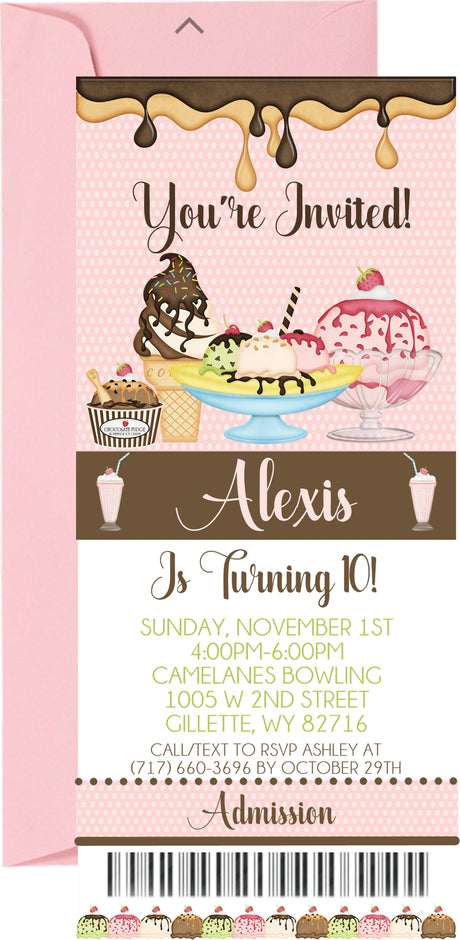 Ice cream birthday ticket invitation with sprinkles themed graphics and admission pass design
