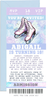 Ice skating ticket invitation featuring figure skates and snowflake artwork