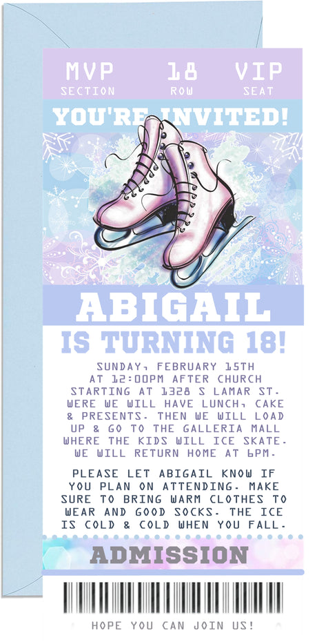 Ice skating ticket invitation featuring figure skates and snowflake artwork
