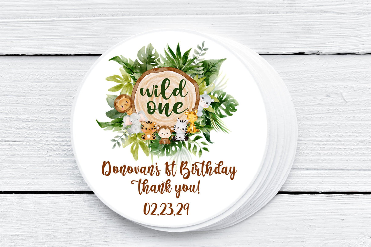 Jungle theme wild one birthday favor label with safari animals