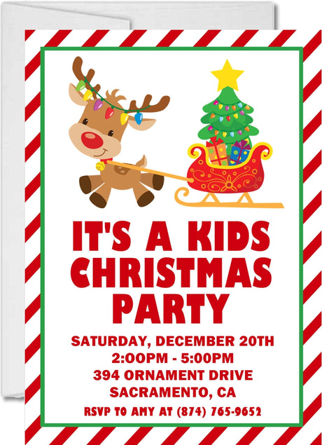 Kids Christmas party invitation featuring a festive reindeer pulling a Christmas sleigh