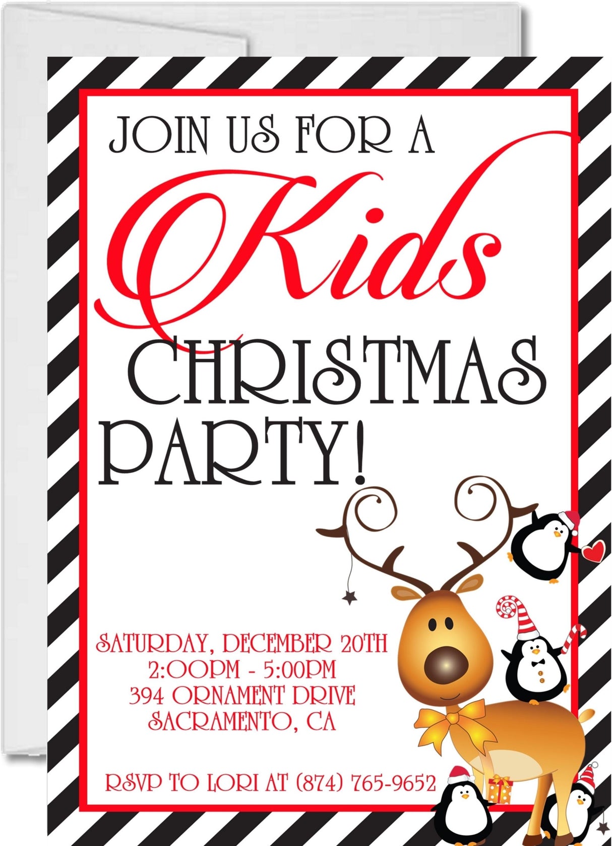 Kids Christmas party invitation featuring festive ornaments and holiday decorations