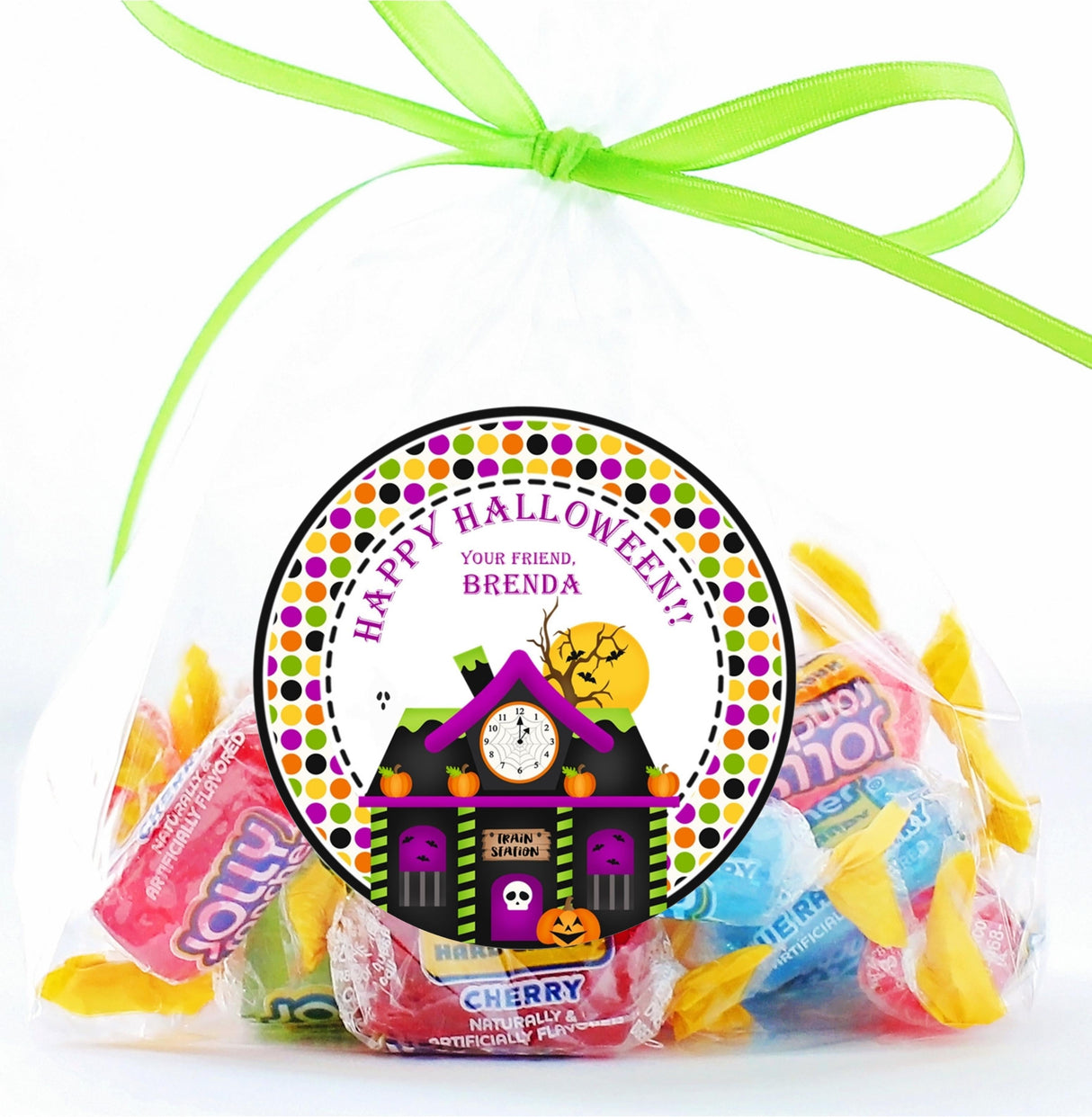 Kids Halloween haunted house sticker featuring clock tower and pumpkin details