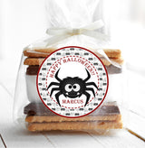 Kids Halloween spider treat sticker with white background and web pattern