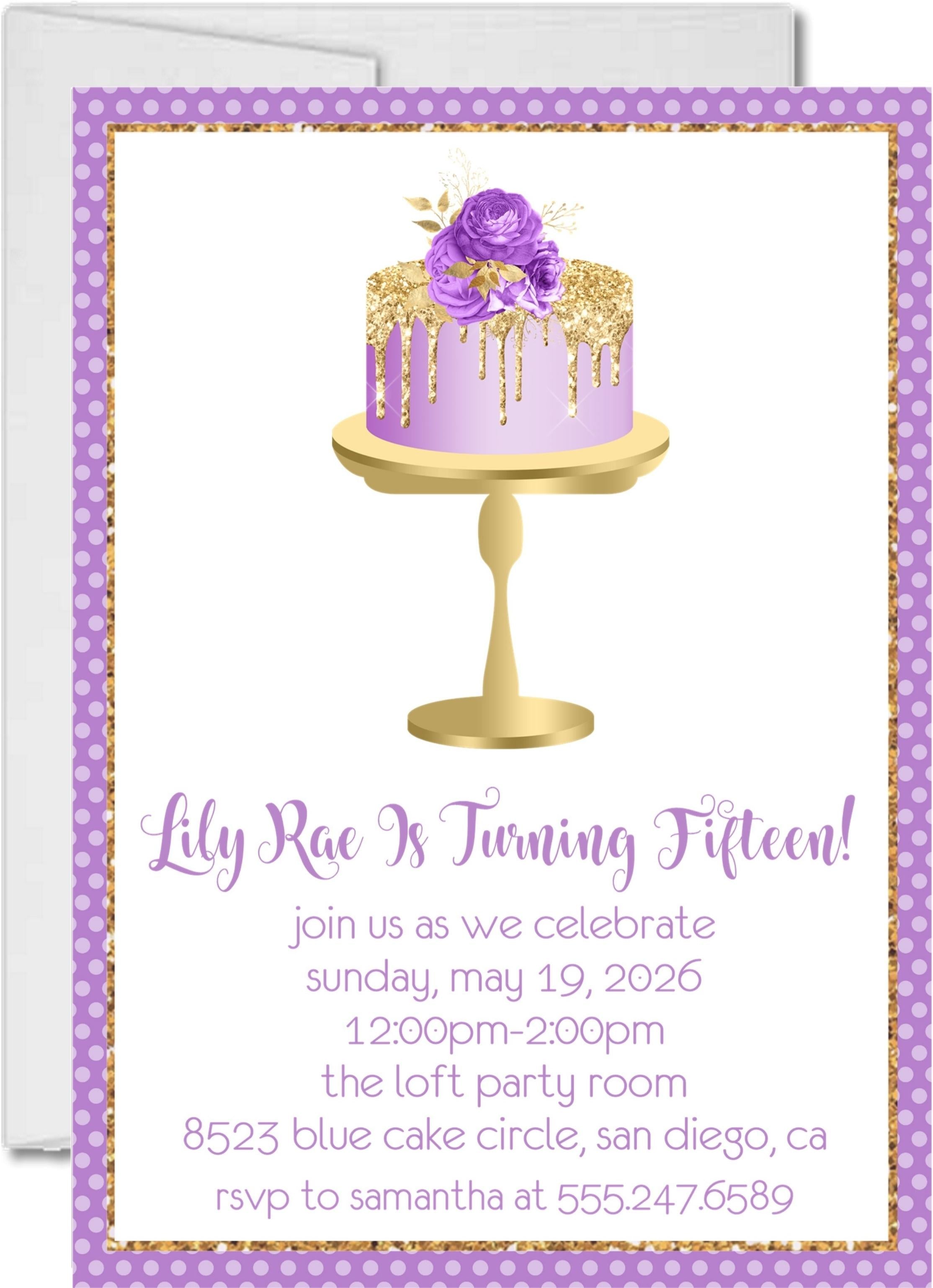 Lavender And Gold Cake Birthday Party Invitations