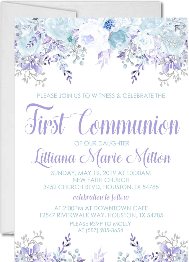 Lavender Floral First Communion Invitations