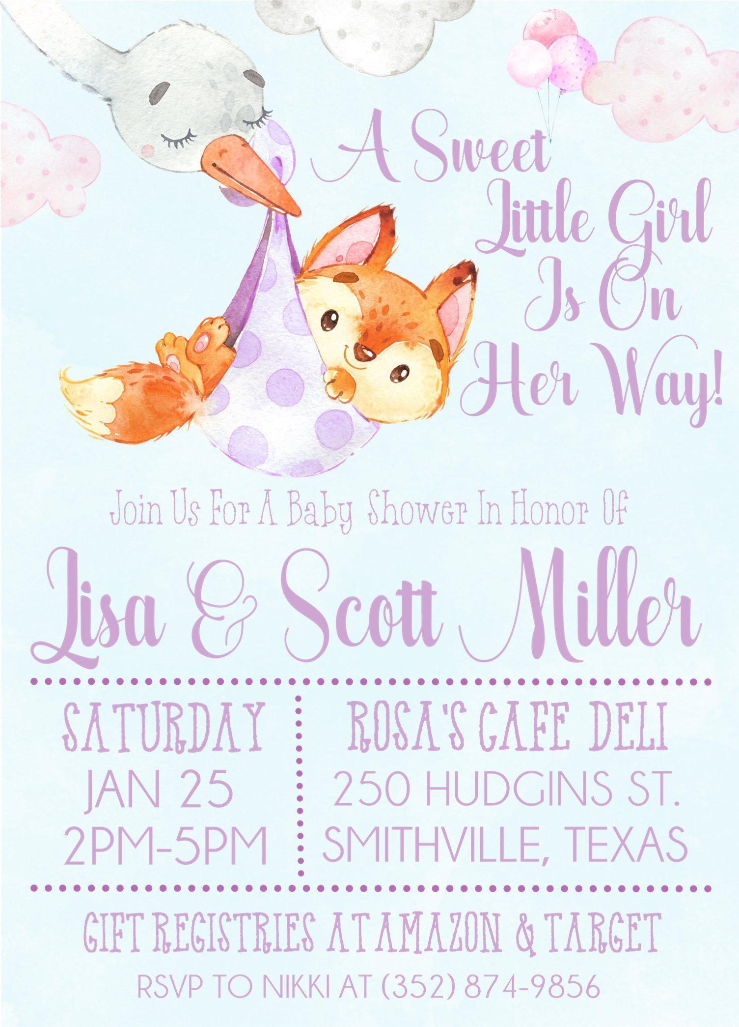 Lavender Woodland Fox Baby Shower Invitations