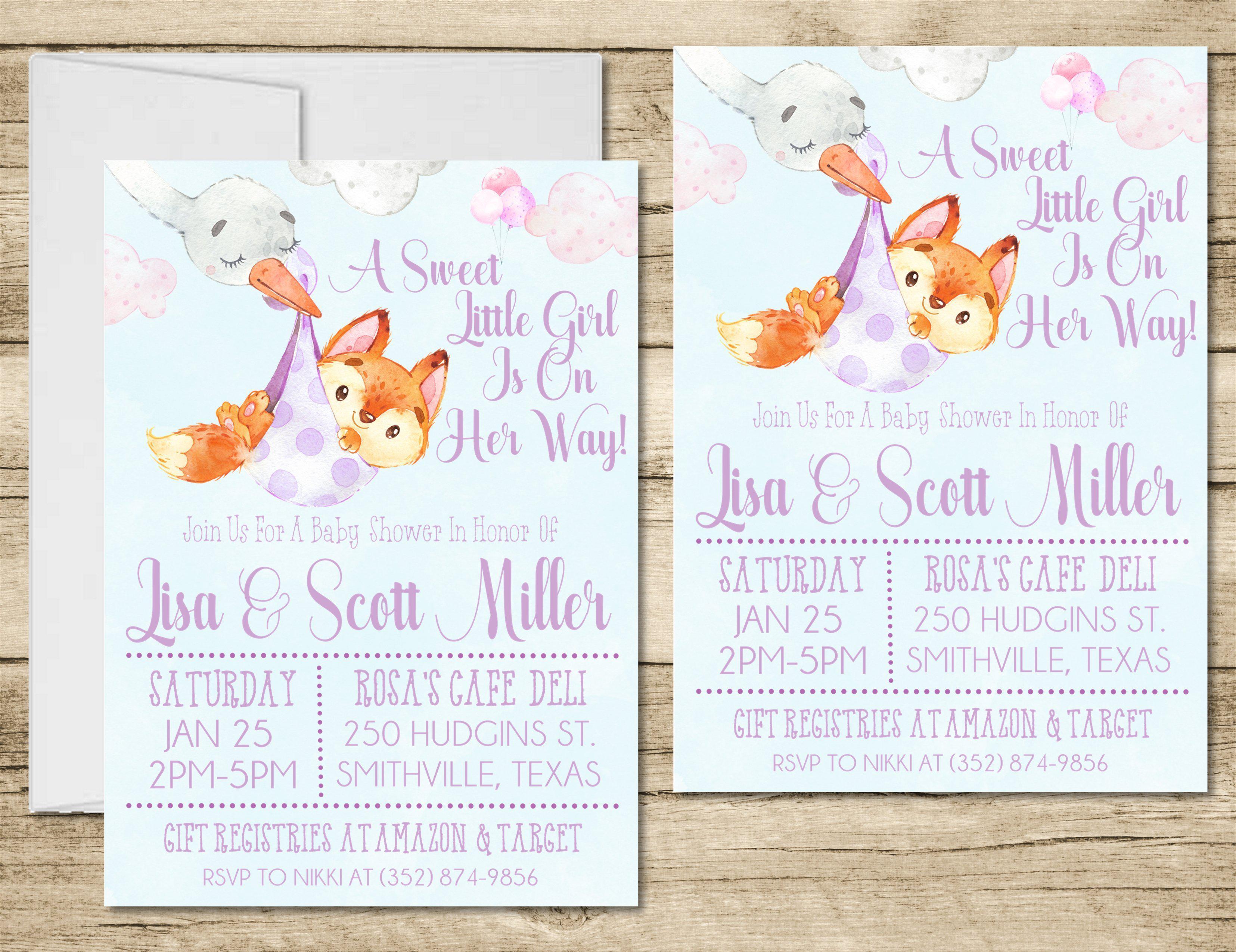 Lavender Woodland Fox Baby Shower Invitations