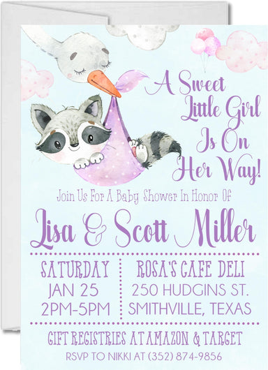 Lavender Woodlands Raccoon Baby Shower Invitations