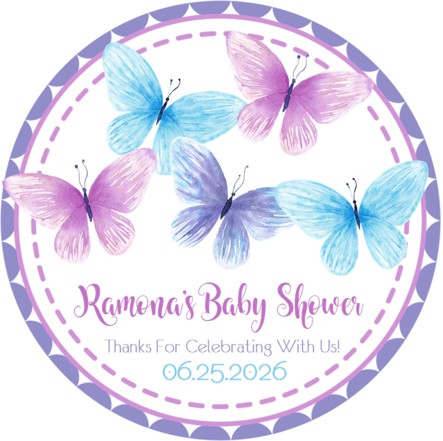 Lavender and blue butterfly baby shower sticker with soft pastel tones
