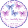 Lavender and purple butterfly baby shower sticker with soft pastel tones