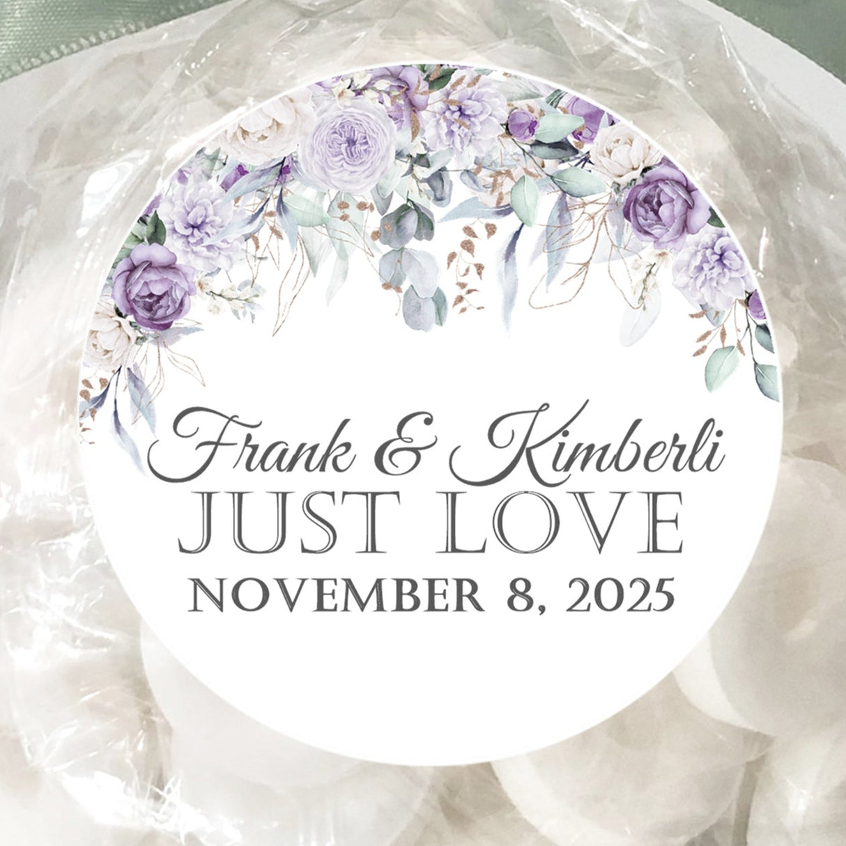 Lavender and sage floral wedding stickers personalized