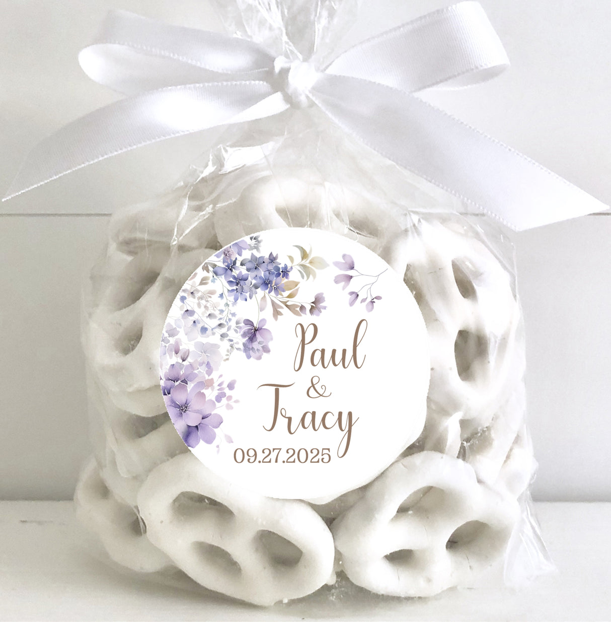 Lavender floral wedding envelope seal with custom names and date