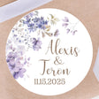 Lavender hydrangea wedding sticker with personalized names and wedding date