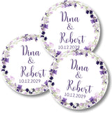 Lavender watercolor floral wedding favor label with custom names and date
