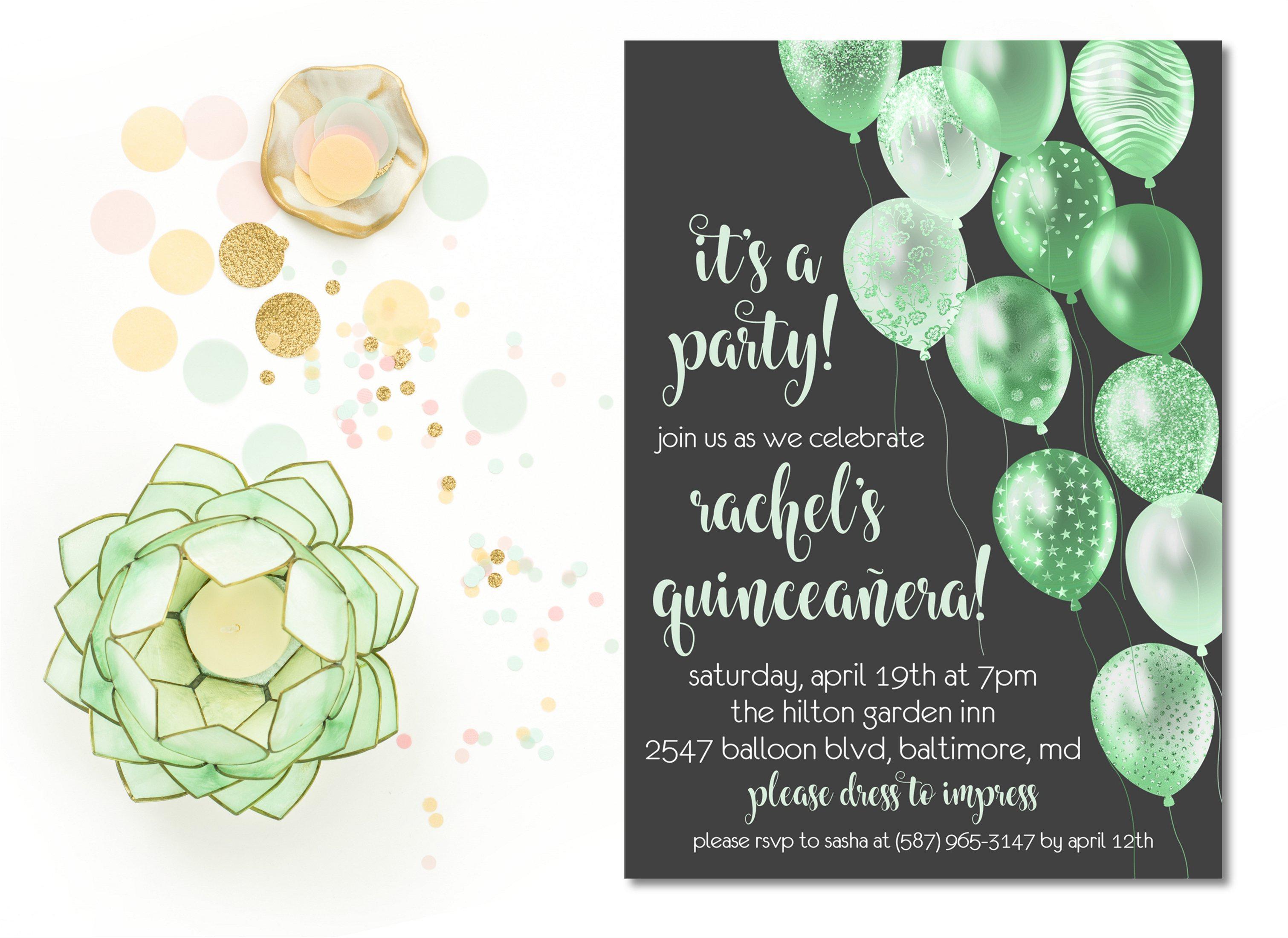 Lime Green And Grey Balloon Quinceanera Invitations