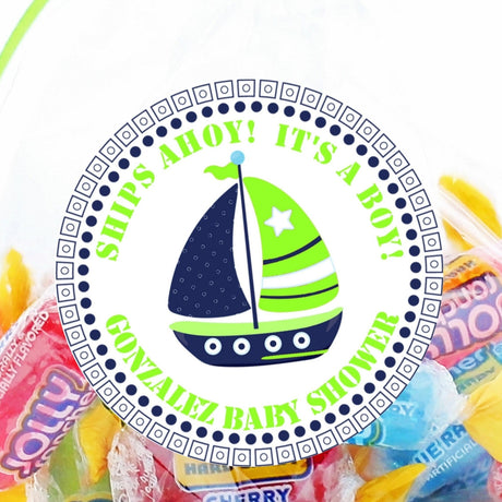 Lime and navy sailboat baby shower sticker