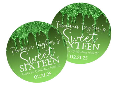 Lime green Sweet 16 birthday party favor sticker