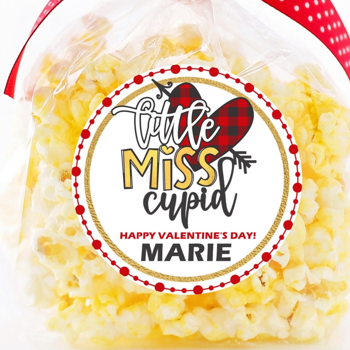 Little Miss Cupid Valentine sticker with buffalo plaid heart