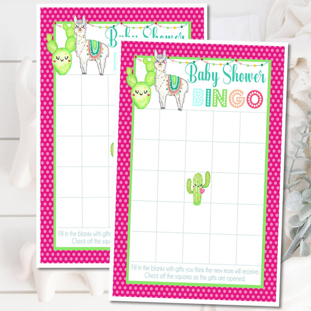 Llama baby shower bingo printable PDF game with soft pastel llama illustration