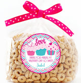 Love cupcake Valentine sticker with pink and teal chevron background
