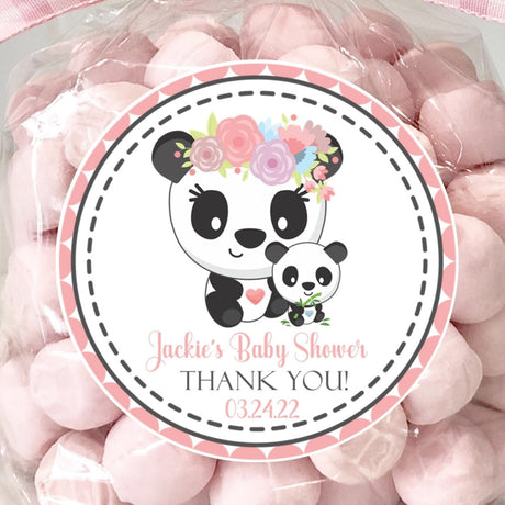 Mama and baby panda baby shower sticker with floral crowns