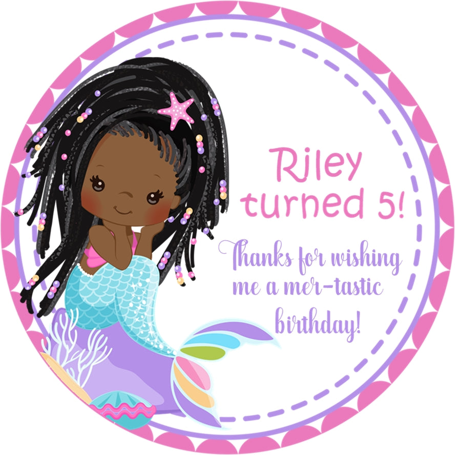 Mermaid birthday sticker with custom name age and character