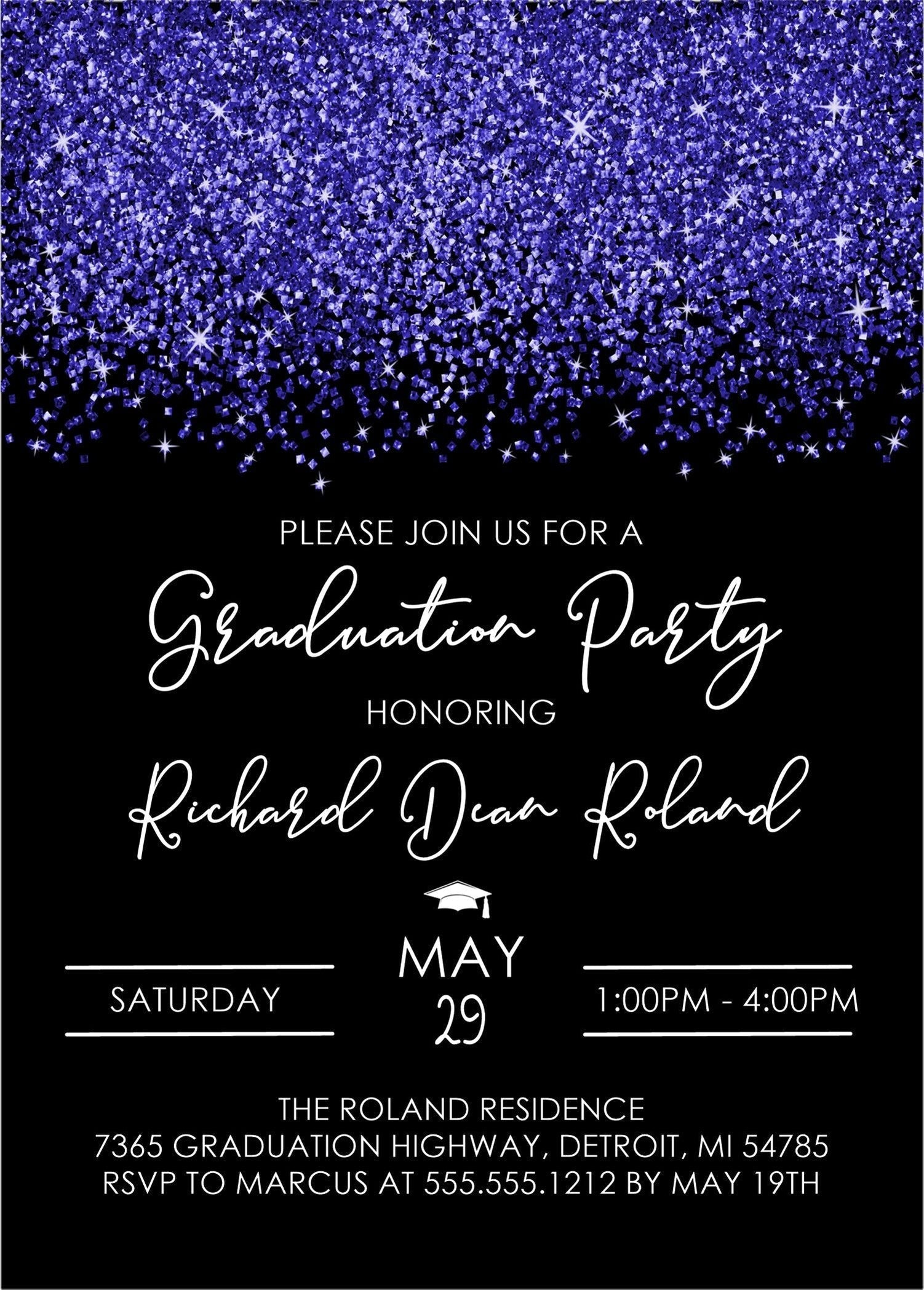 Midnight Blue And Black Graduation Party Invitations