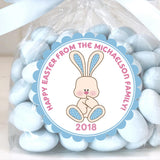 Minimal bunny Easter sticker with blue scalloped border